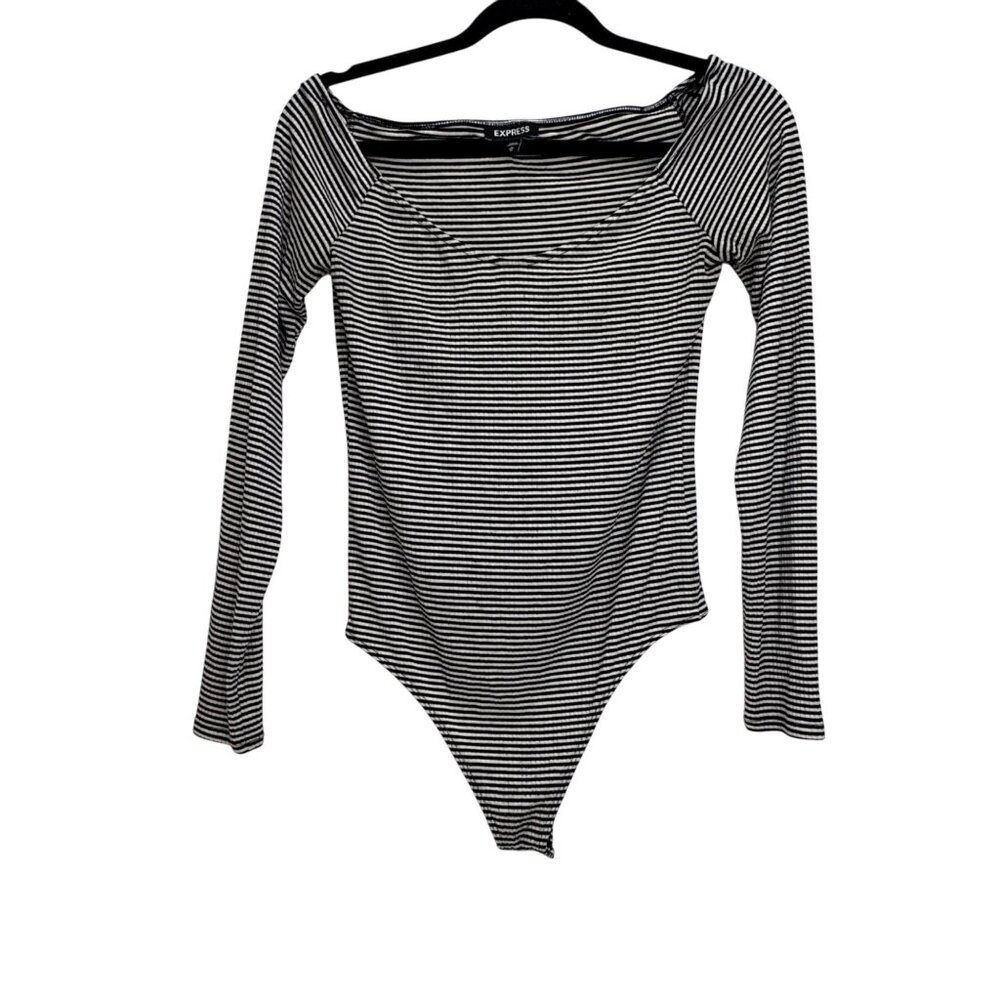 Express Black White Striped Long-Sleeve‎ Bodysuit Med Rayon Spandex Off-Shoulder